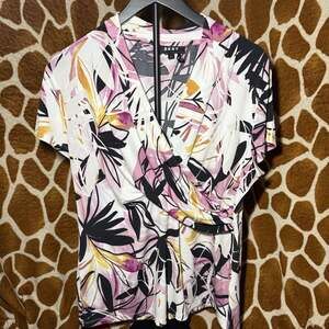 DKNY Women's Floral Faux-Wrap Short Sleeve V-Neck Top